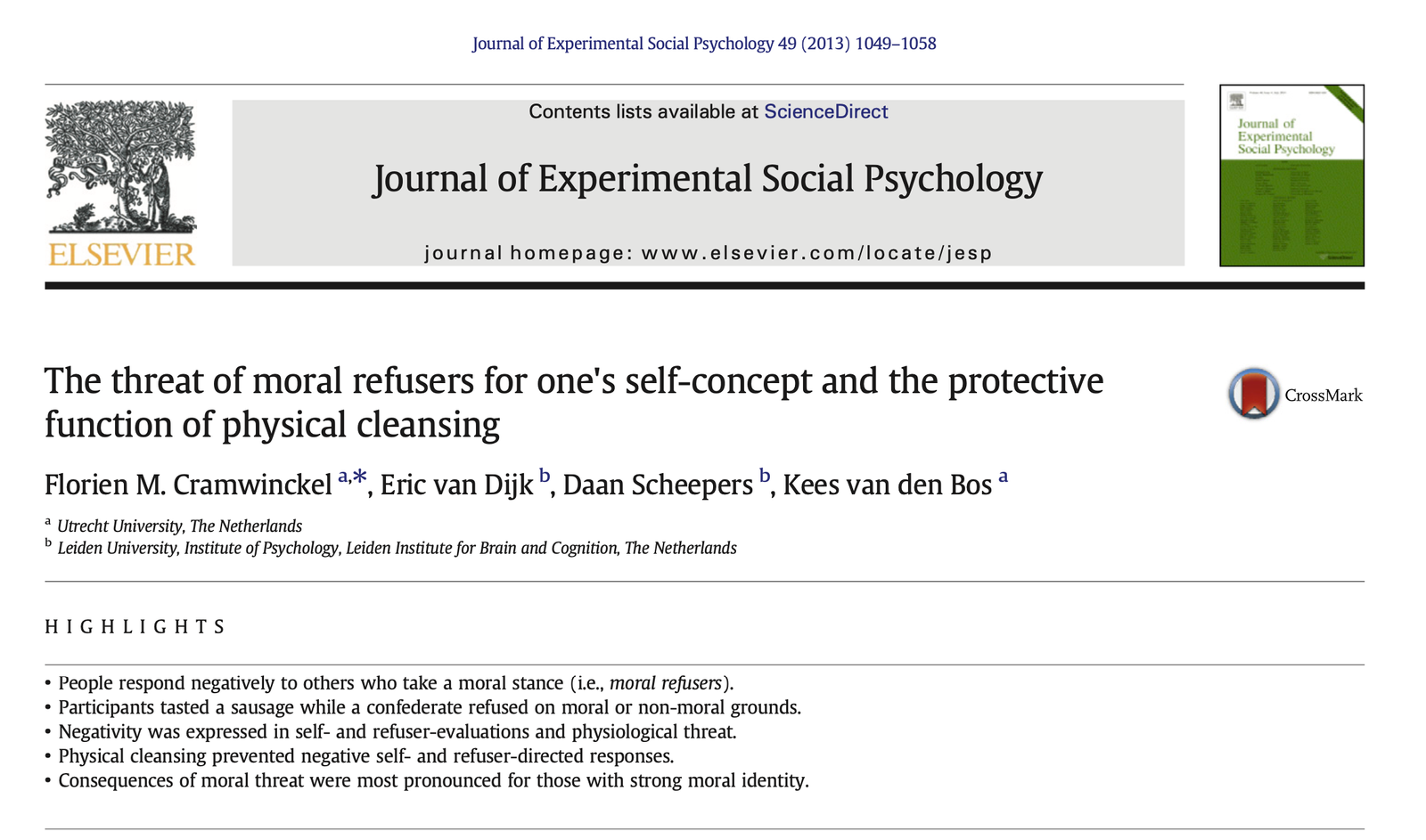 Cramwinckel et al 2013 - moral refusers