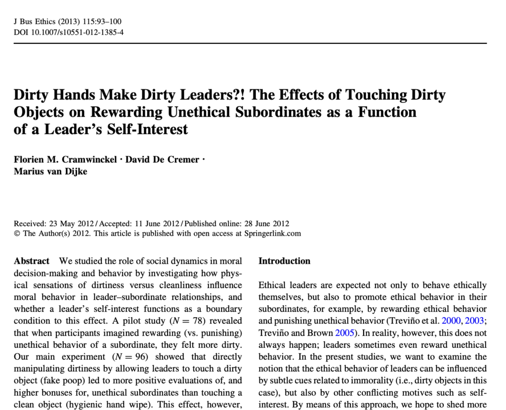 Cramwinckel et al 2013 - dirty hands make dirty leaders?!