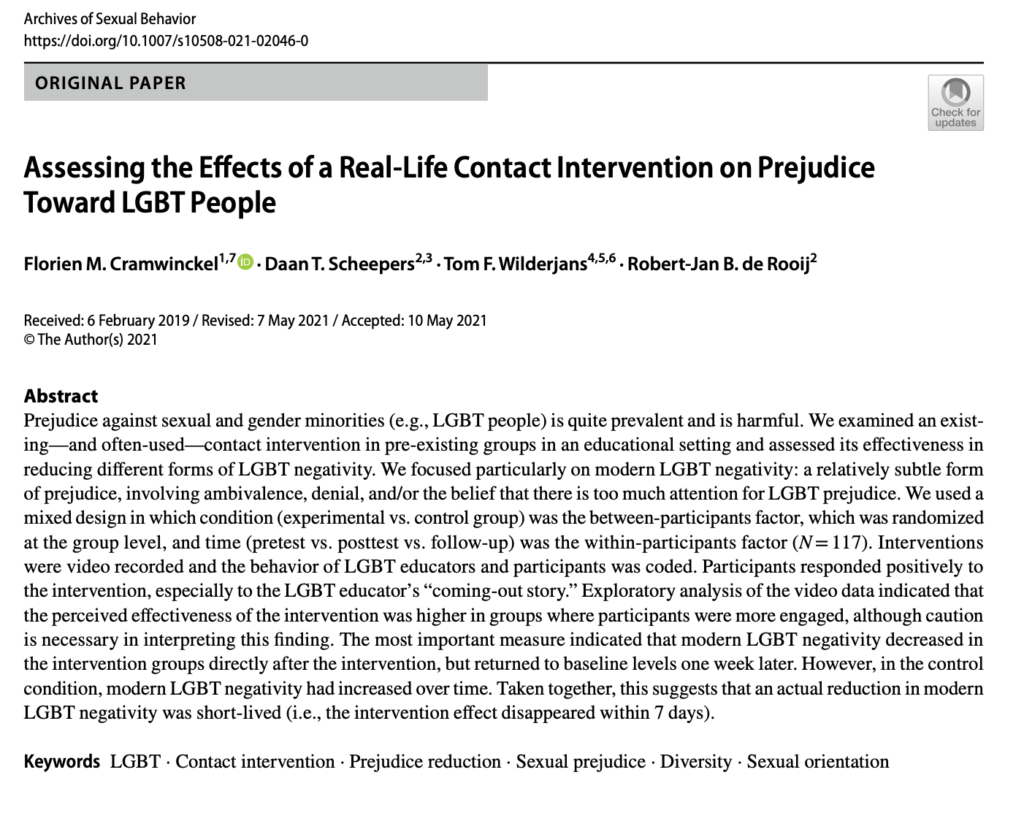 Cramwinckel et al 2021 - real life contact intervention LGBT prejudice